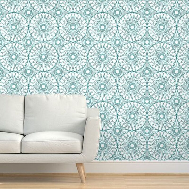 Living room scene showing "Grapefruit - outline" wallpaper pattern by Merry Makewell Designs