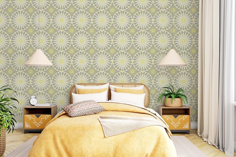 Bedroom scene showing Grapefruit Yellow/Gray wallpaper pattern by Merry Makewell Designs
