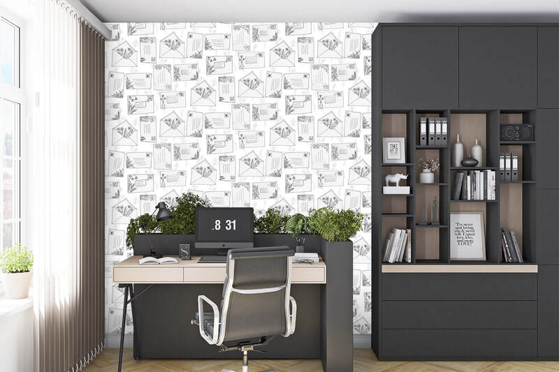 Home office scene showing "Happy Mail" wallpaper pattern by Merry Makewell Designs