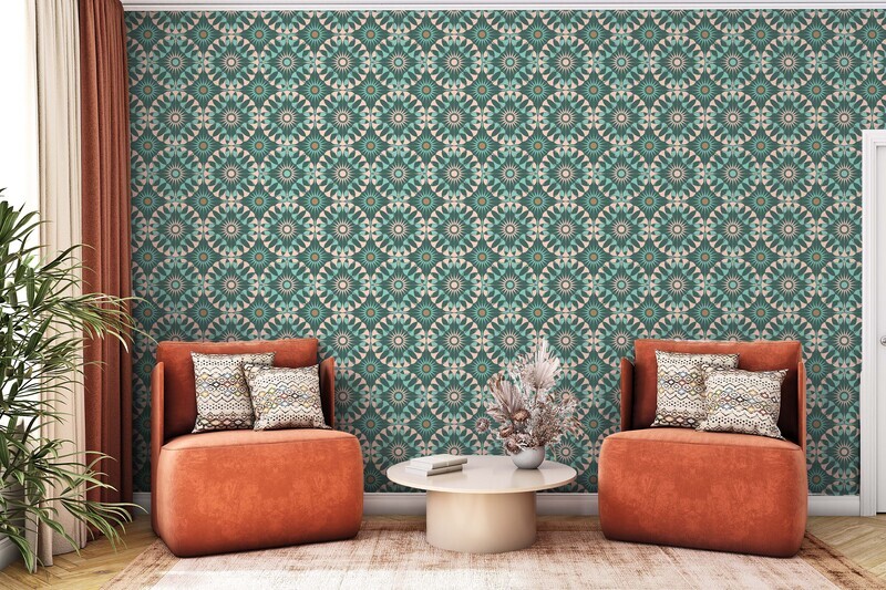 Living room scene showing "Entwined (LP02)" wallpaper pattern by Merry Makewell Designs