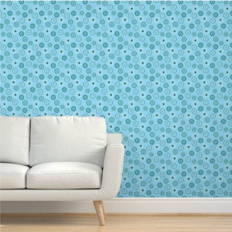 Living room scene showing "Mandala Motifs - Blue" wallpaper pattern by Merry Makewell Designs