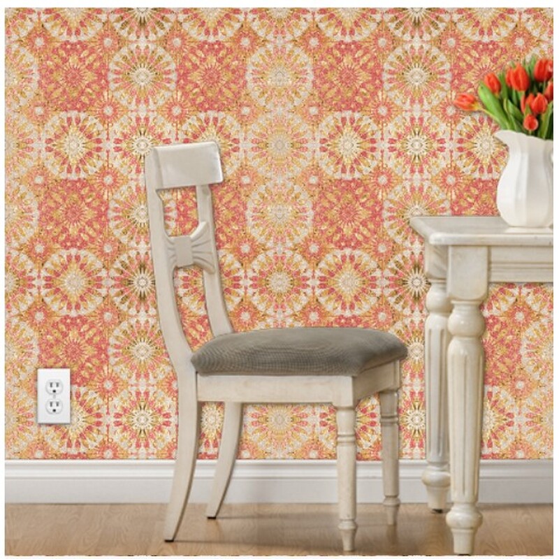 Dining room scene showing "Entwined - Pink and Gold" wallpaper pattern by Merry Makewell Designs