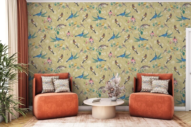 Living room scene showing "Vintage Aviary" wallpaper pattern by Merry Makewell Designs