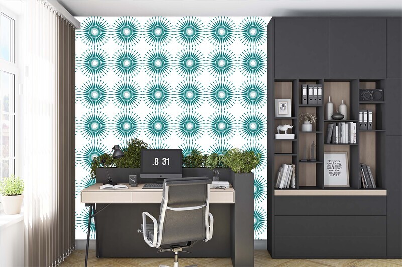 Home office scene showing "Sunburst" wallpaper pattern by Merry Makewell Designs